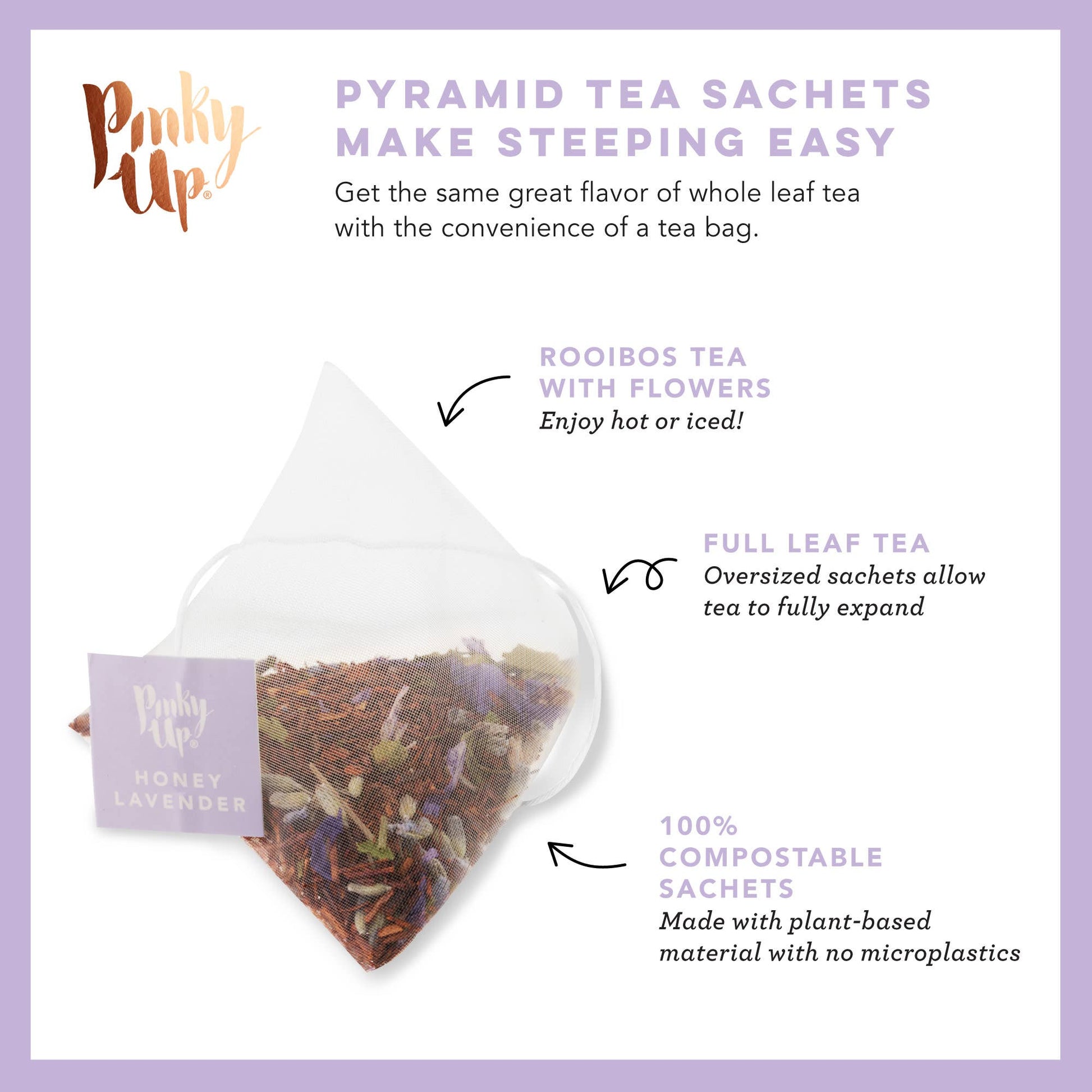Pyramid tea sachet with rooibos tea and flowers on a purple background, featuring text about the product.