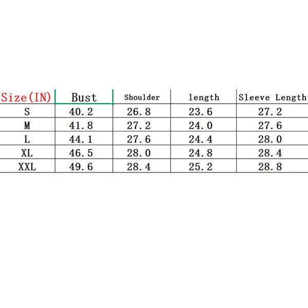 Measurement chart for clothing sizes S to XXL with dimensions in inches.