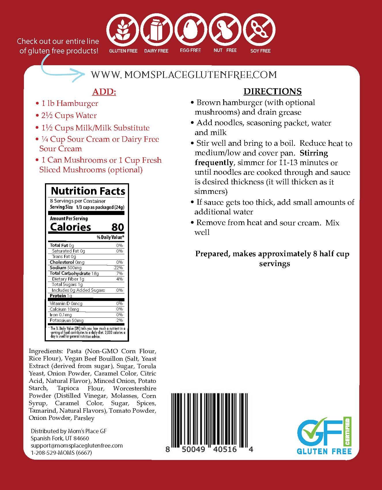 Back of a gluten-free product packaging with nutritional information, ingredients, and directions.