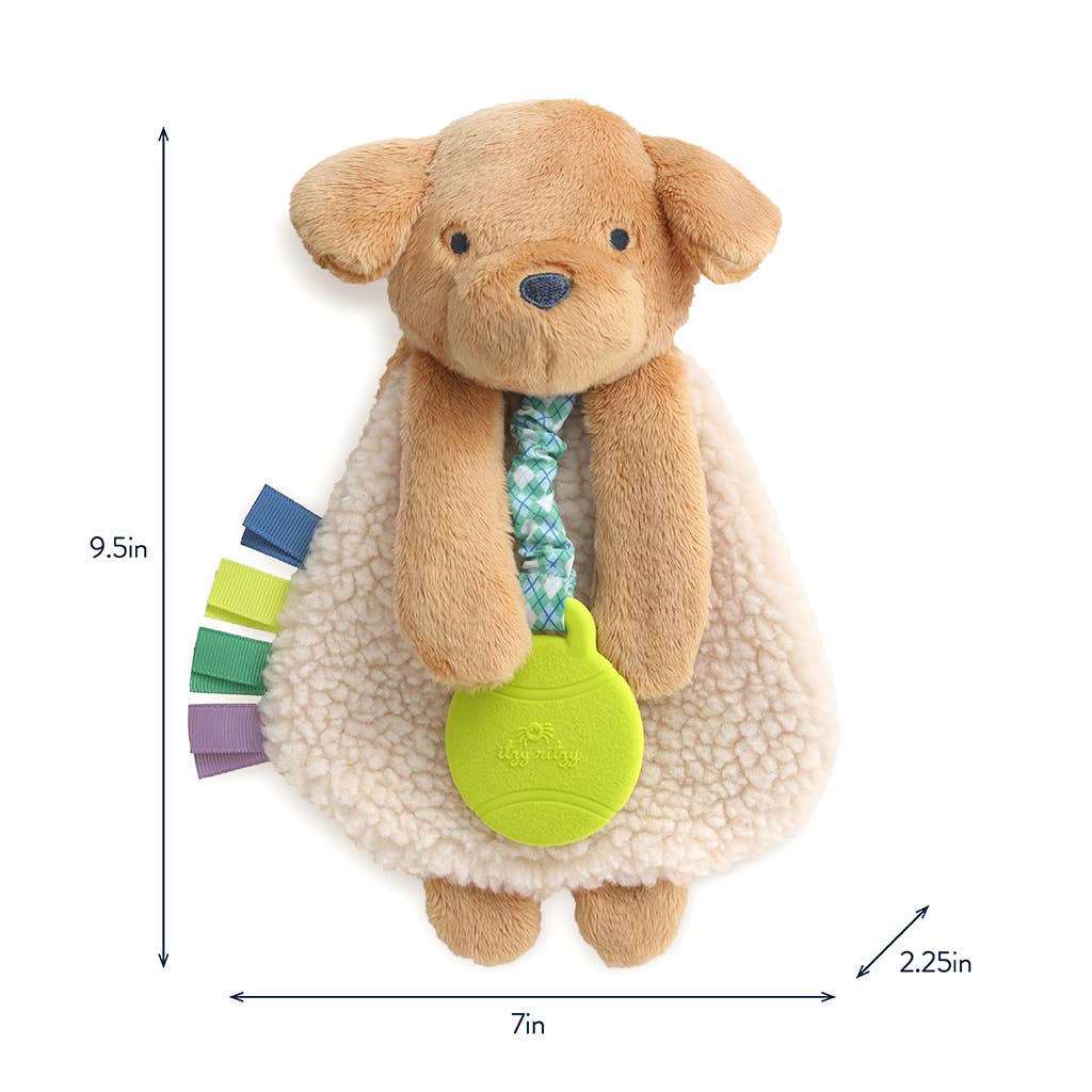 Plush dog toy with a green tag, measurement chart on the side
