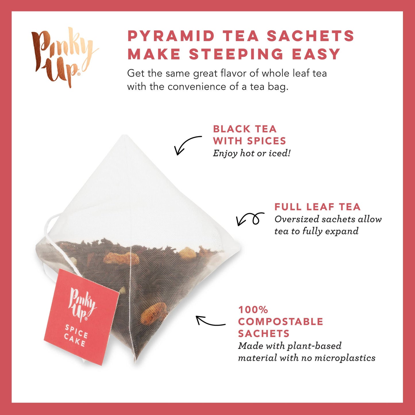 Pyramid tea sachet with text highlighting features on a white background