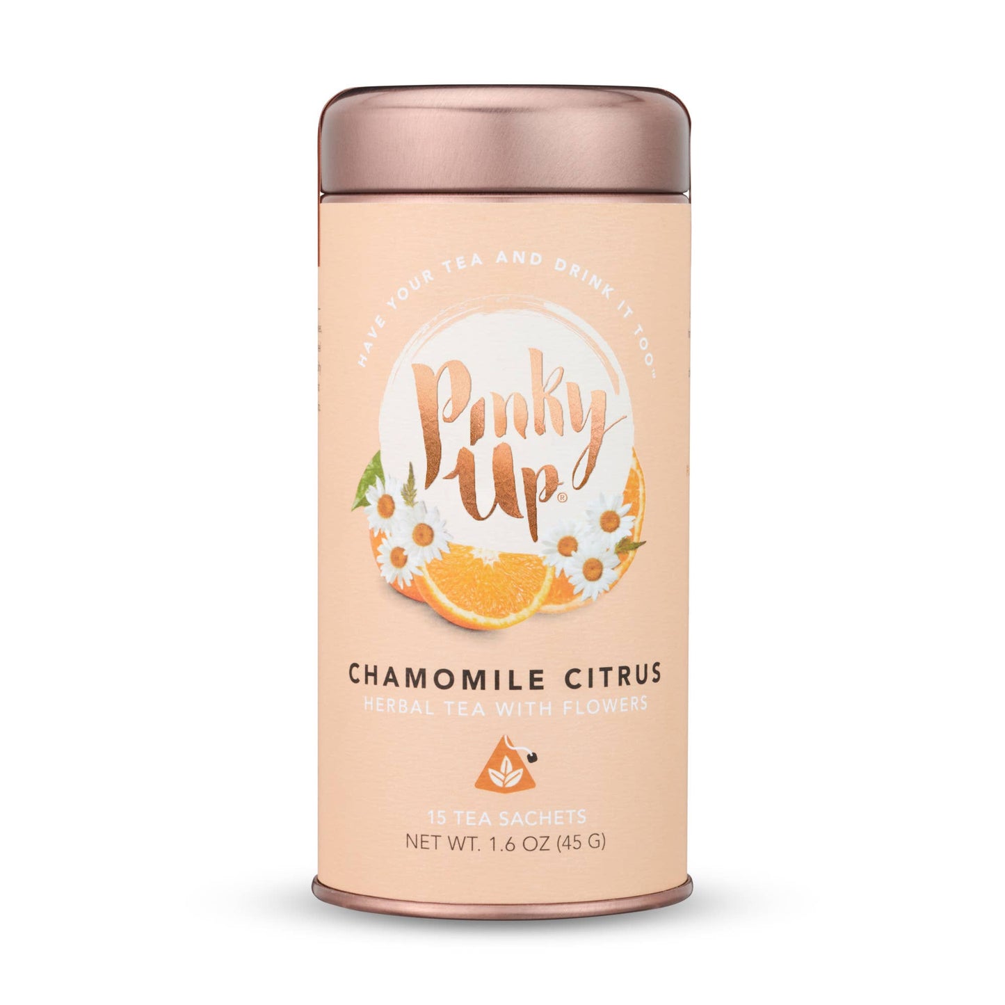 Chamomile Citrus tea canister with 'Pinky Up' branding on a white background