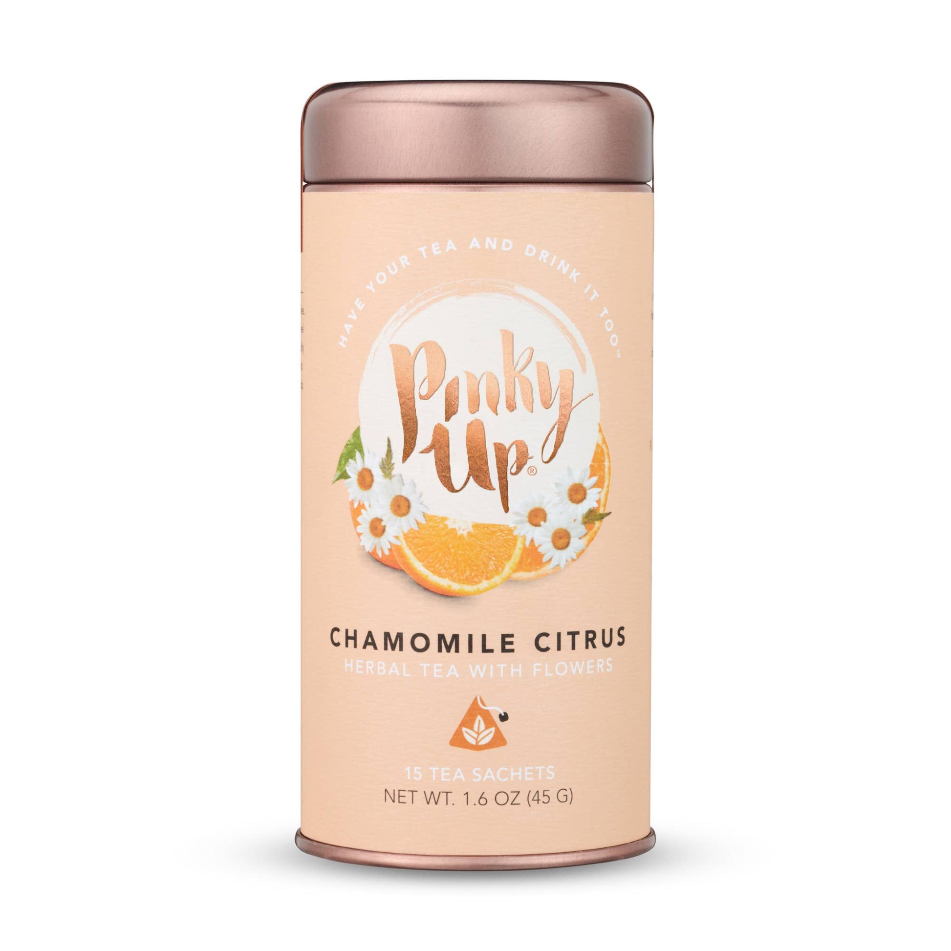 Chamomile Citrus tea canister with 'Pinky Up' branding on a white background