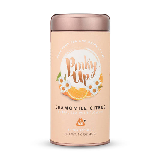 Chamomile Citrus tea canister with 'Pinky Up' branding on a white background
