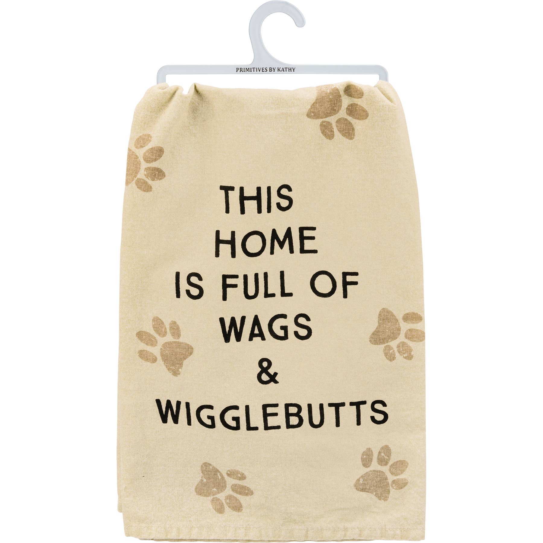 Beige towel with paw prints and text 'This home is full of wags & wigglebutts' on a white background