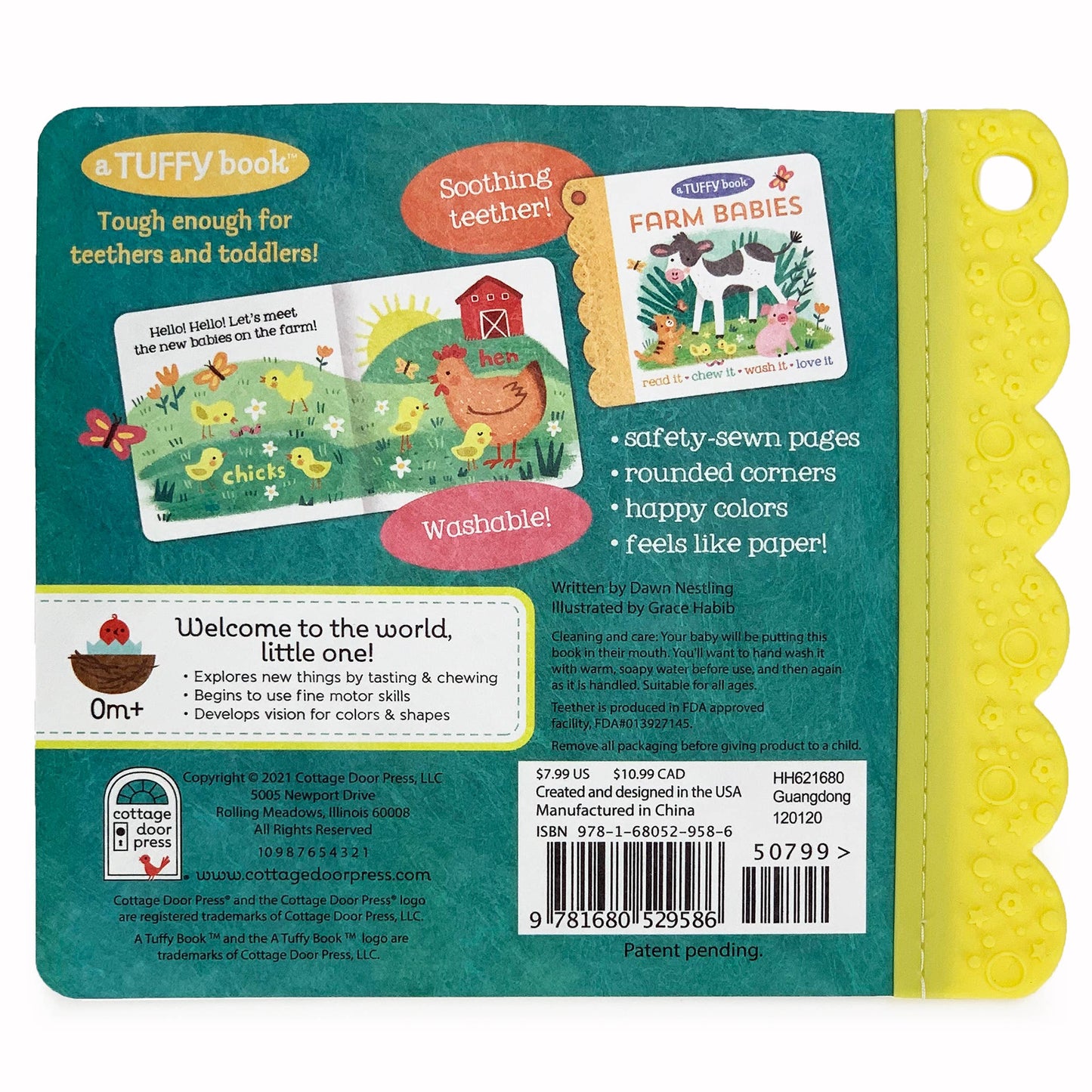 Back cover of a children's book with text and illustrations on a teal background