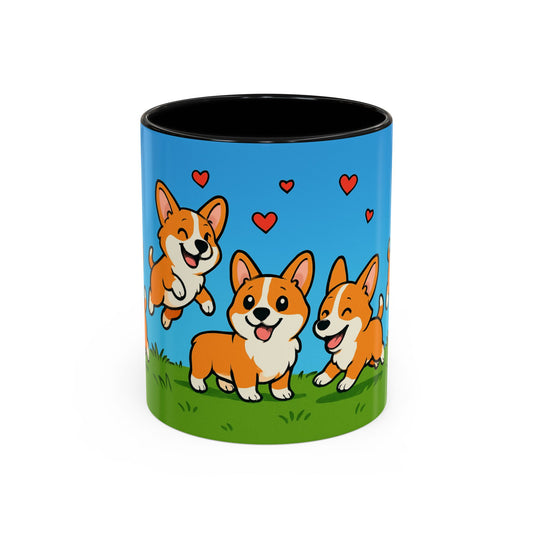 Mug with cartoon corgis and hearts on a blue background