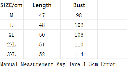 Measurement chart for clothing sizes M to 3XL with length and bust measurements.