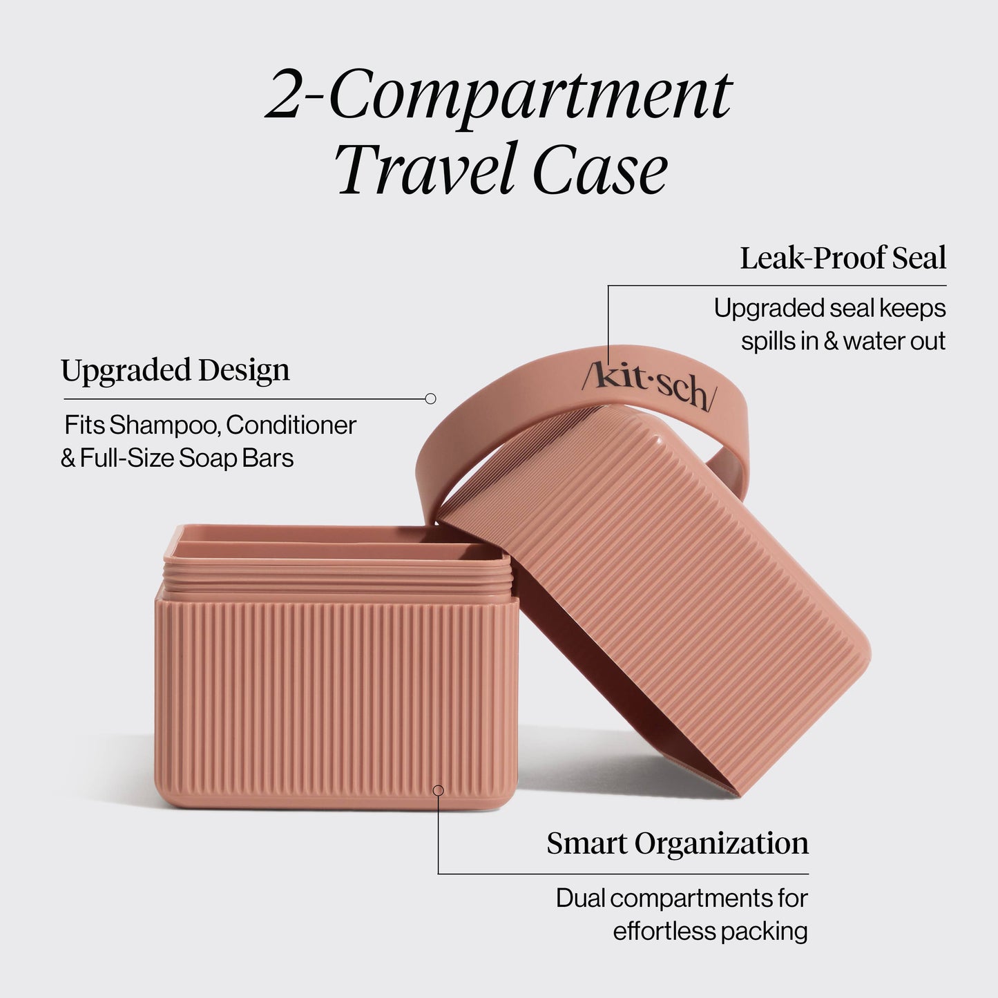 Kit-sch 2-compartment travel case with features highlighted on a white background