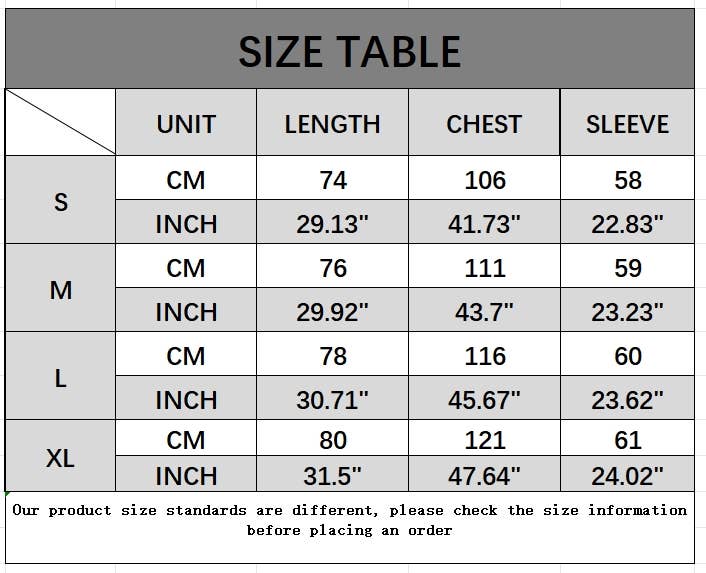 Size chart for clothing measurements in centimeters and inches