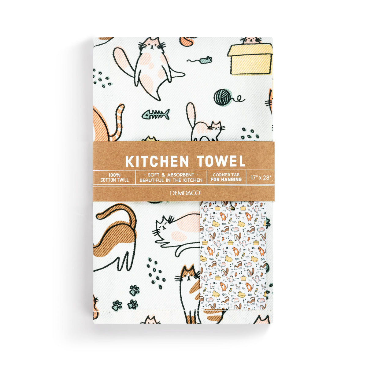 Kitchen towel packaging with cat illustrations on a white background