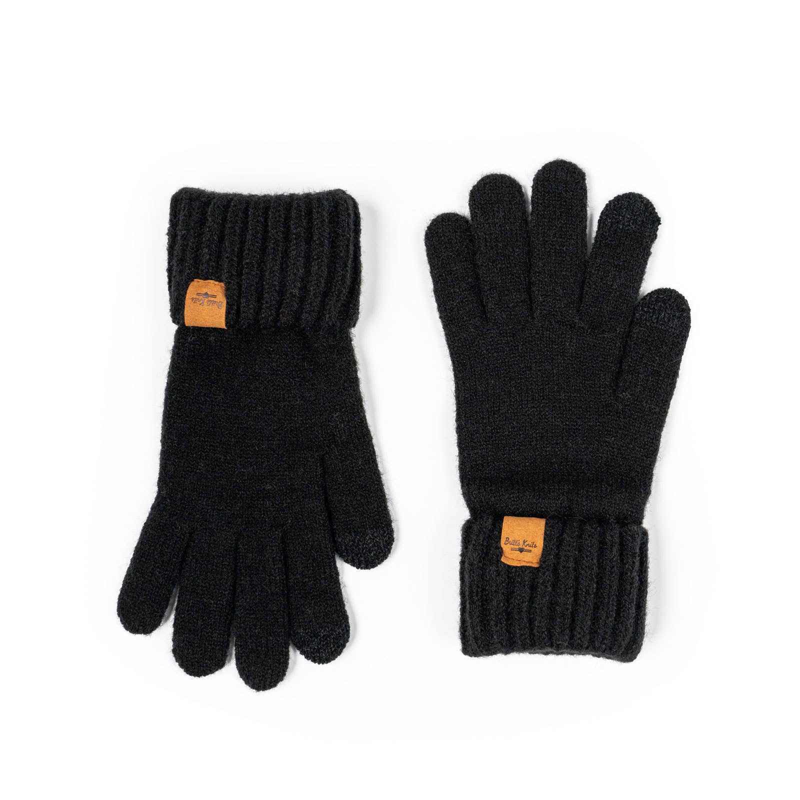 Pair of black gloves with orange labels on a white background