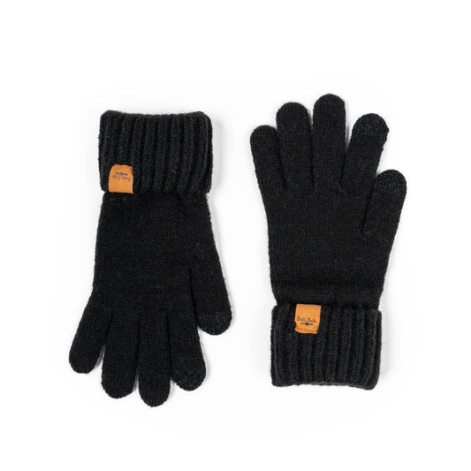 Pair of black gloves with orange labels on a white background