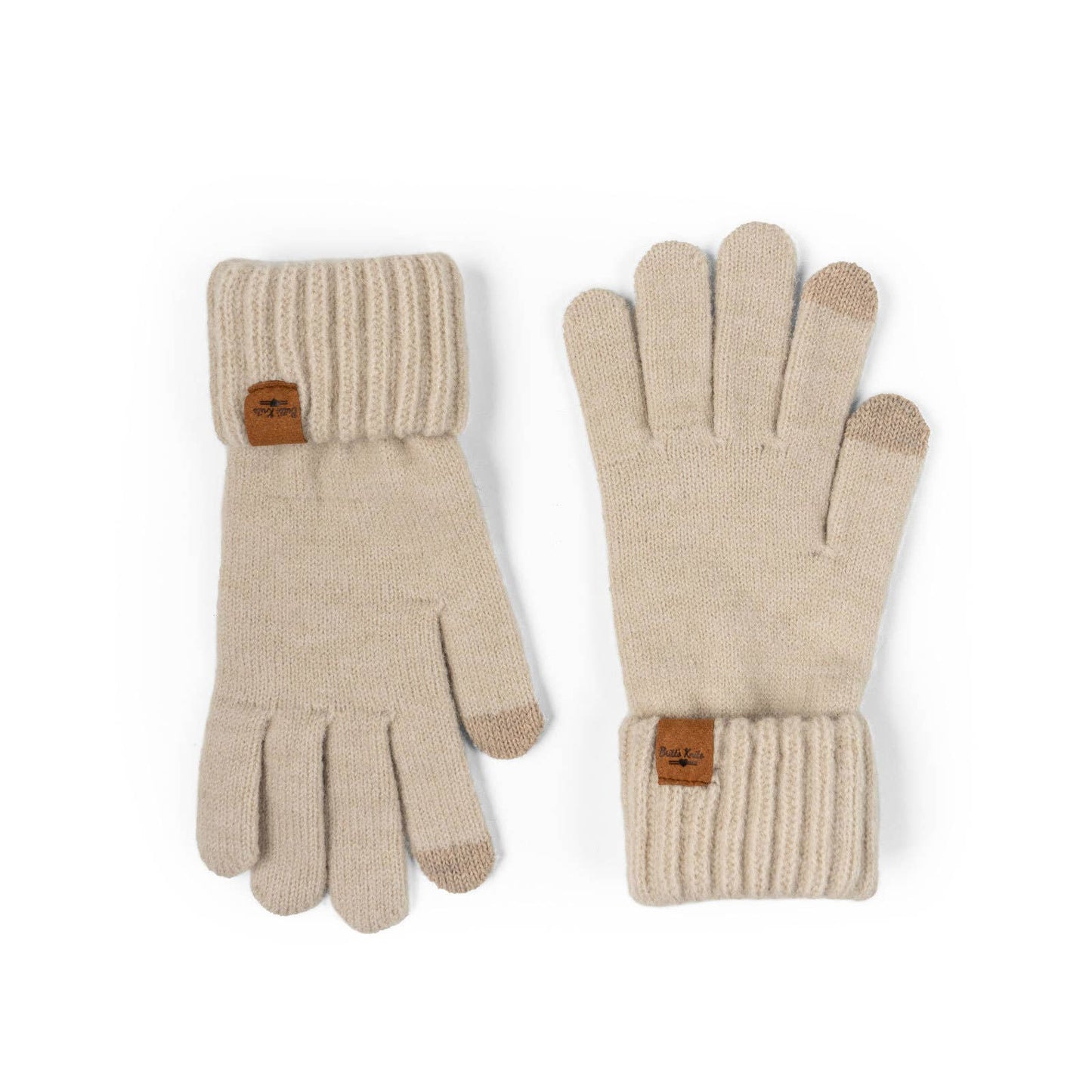 Pair of beige gloves with touch screen tips on a white background