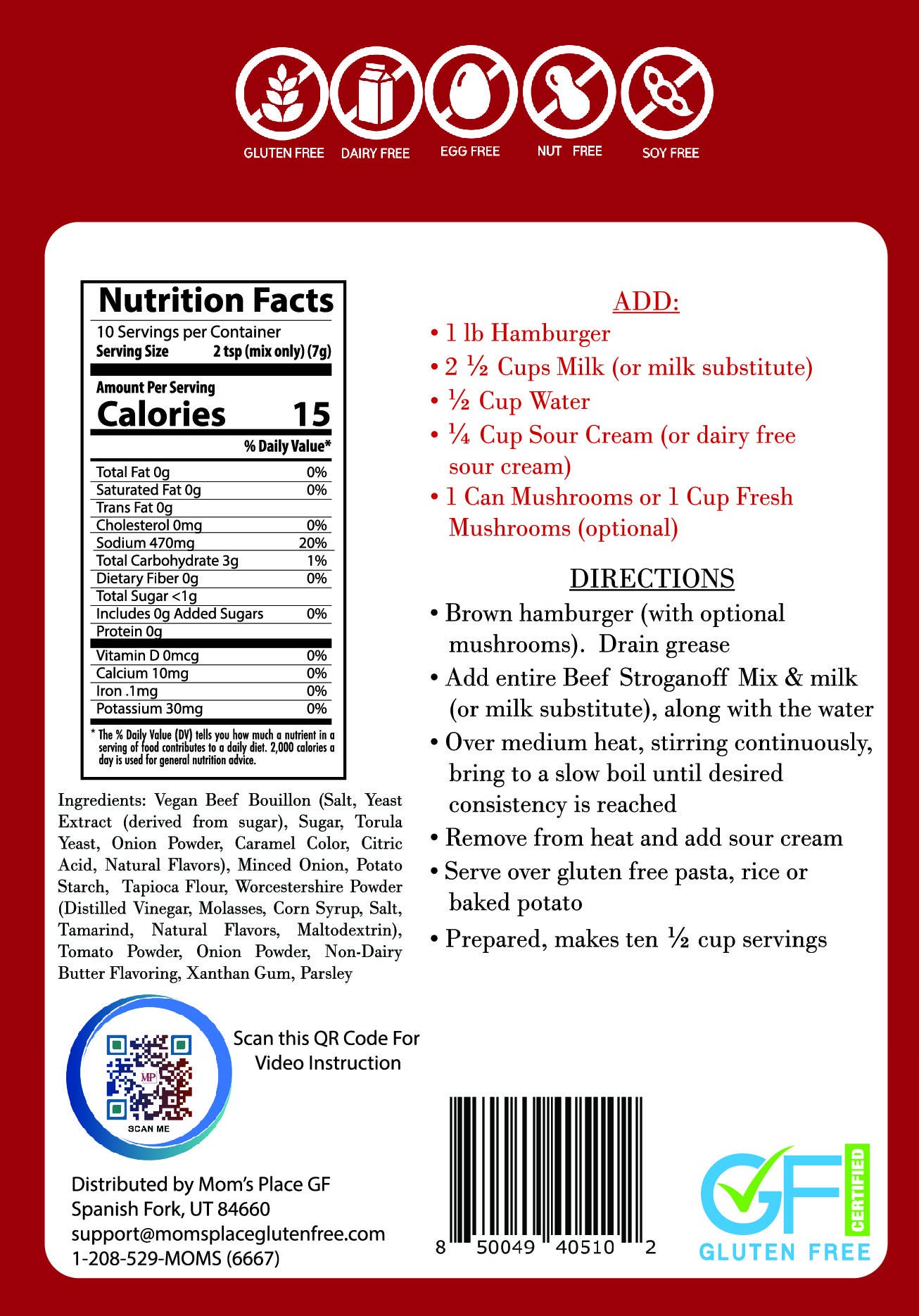 Back of a food package with nutrition facts, ingredients list, and preparation directions on a red background.