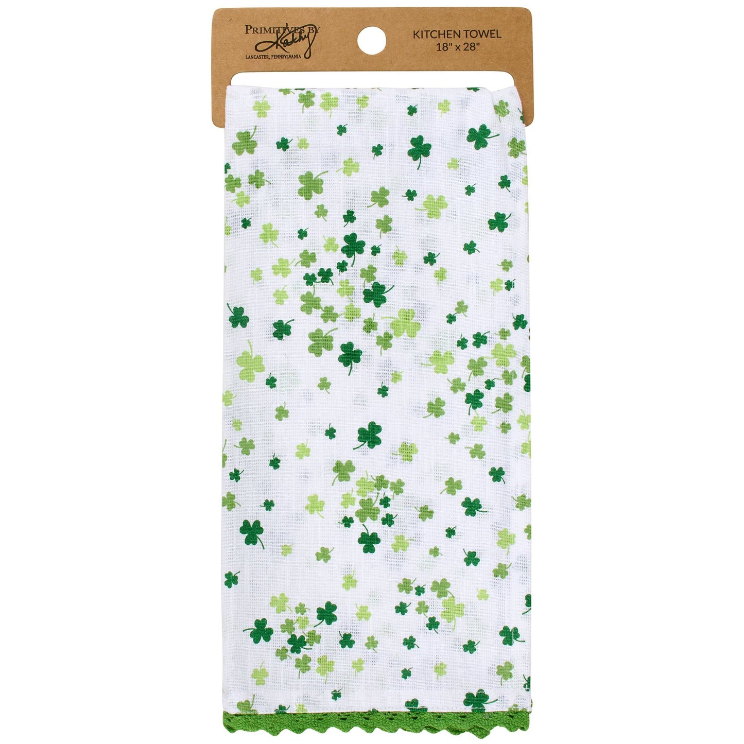 Kitchen towel with green shamrock pattern on a white background