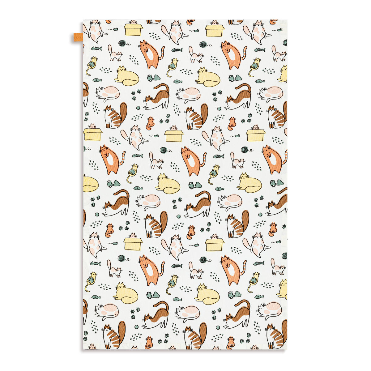 A rectangular  tea towel featuring a repeating cartoon cat pattern on a white background. The design includes various orange, brown, and cream-colored cats in playful poses, along with small yellow bowls, green leaves, and black outlines.