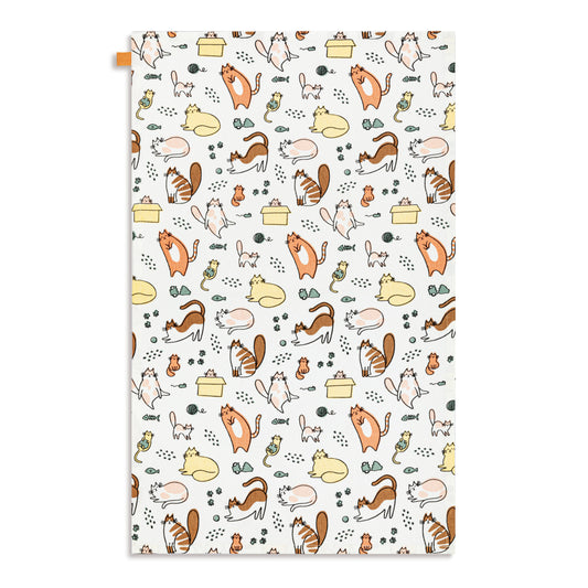 A rectangular  tea towel featuring a repeating cartoon cat pattern on a white background. The design includes various orange, brown, and cream-colored cats in playful poses, along with small yellow bowls, green leaves, and black outlines.