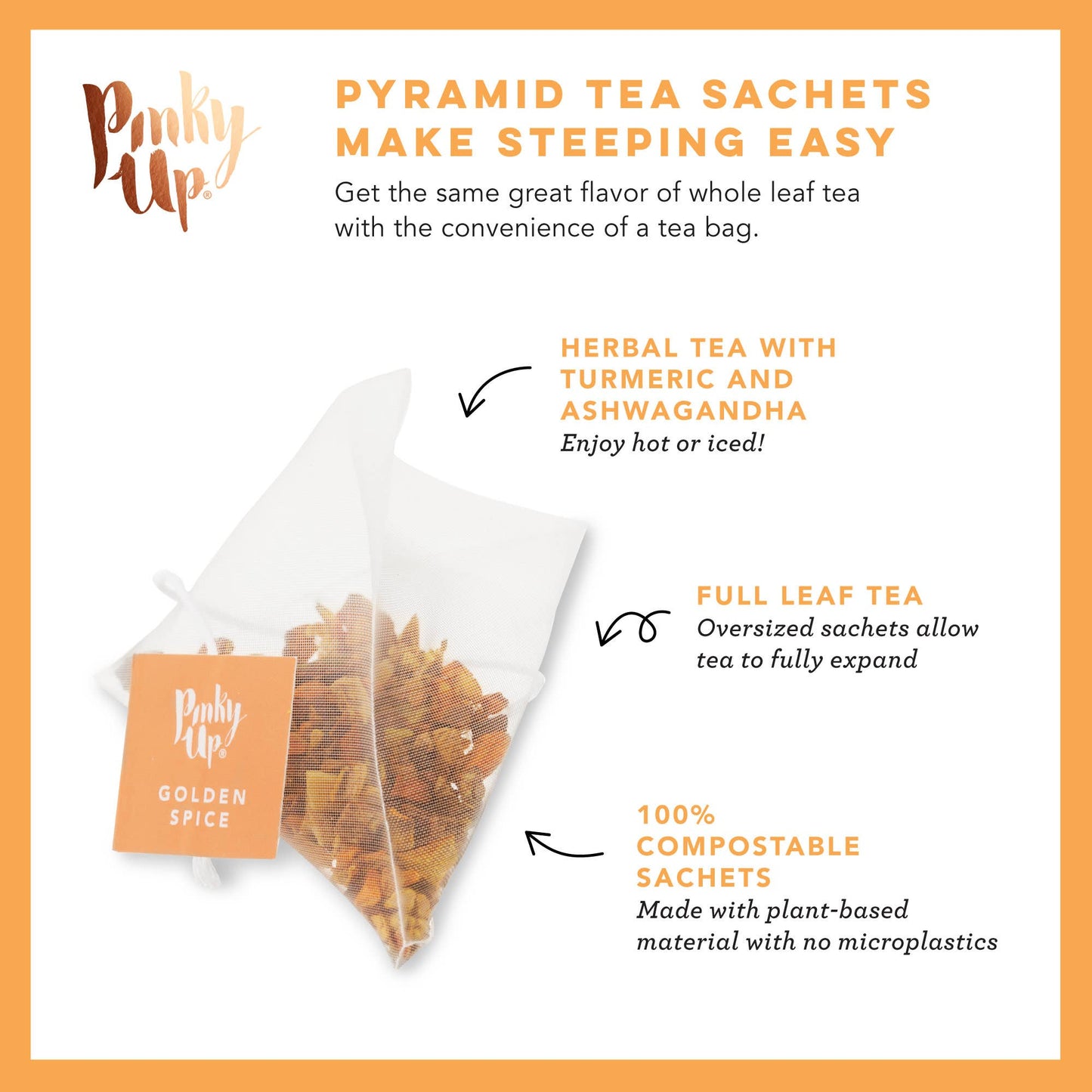 Tea sachets with text highlighting benefits on a white background