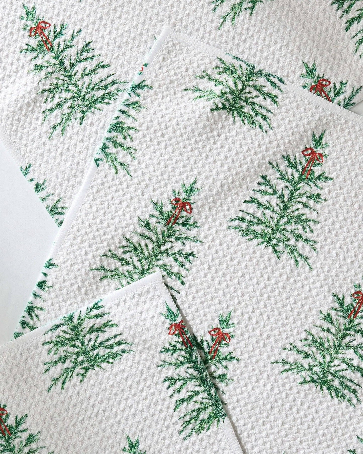 Geometry Dishcloth set White fabric with green leaf pattern and red berries on a white background