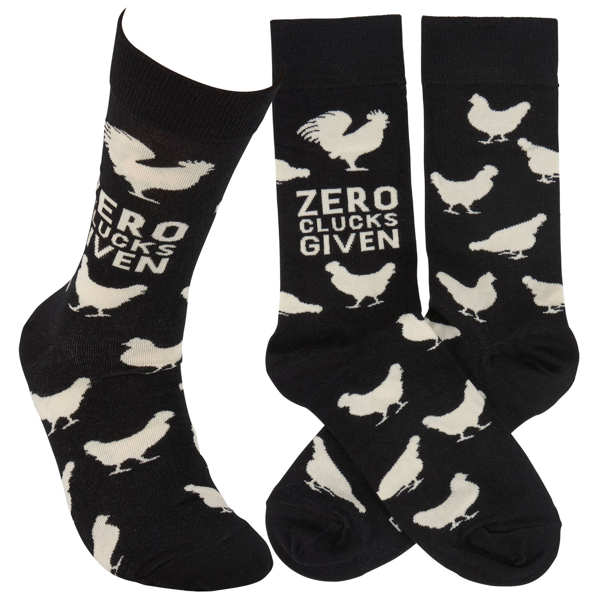 Black socks with white chicken illustrations and text 'Zero Clucks Given' on a white background
