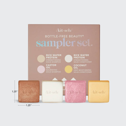Kit-sch bottle-free beauty sampler set with four solid products and a box on a white background.