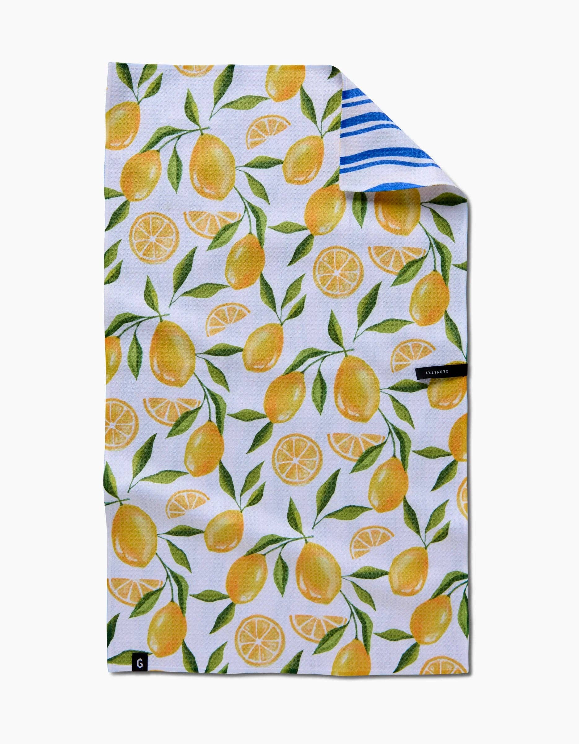 Geometry Double Sided Tea Towel with lemon pattern on a white background