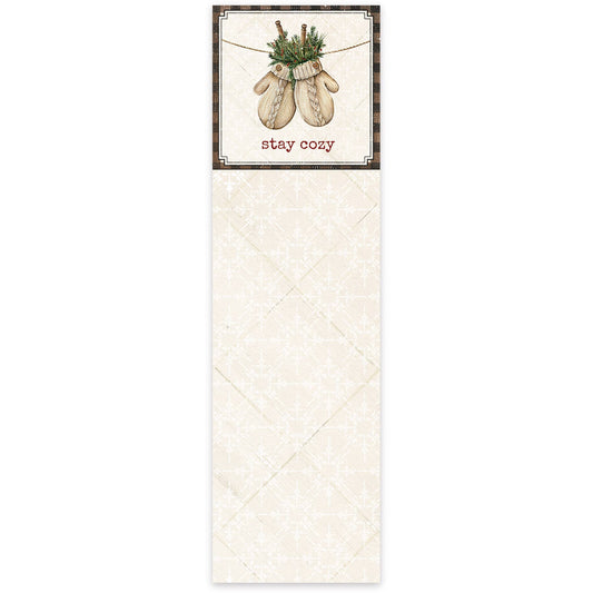 Notepad with mitten design and 'stay cozy' text on a white background