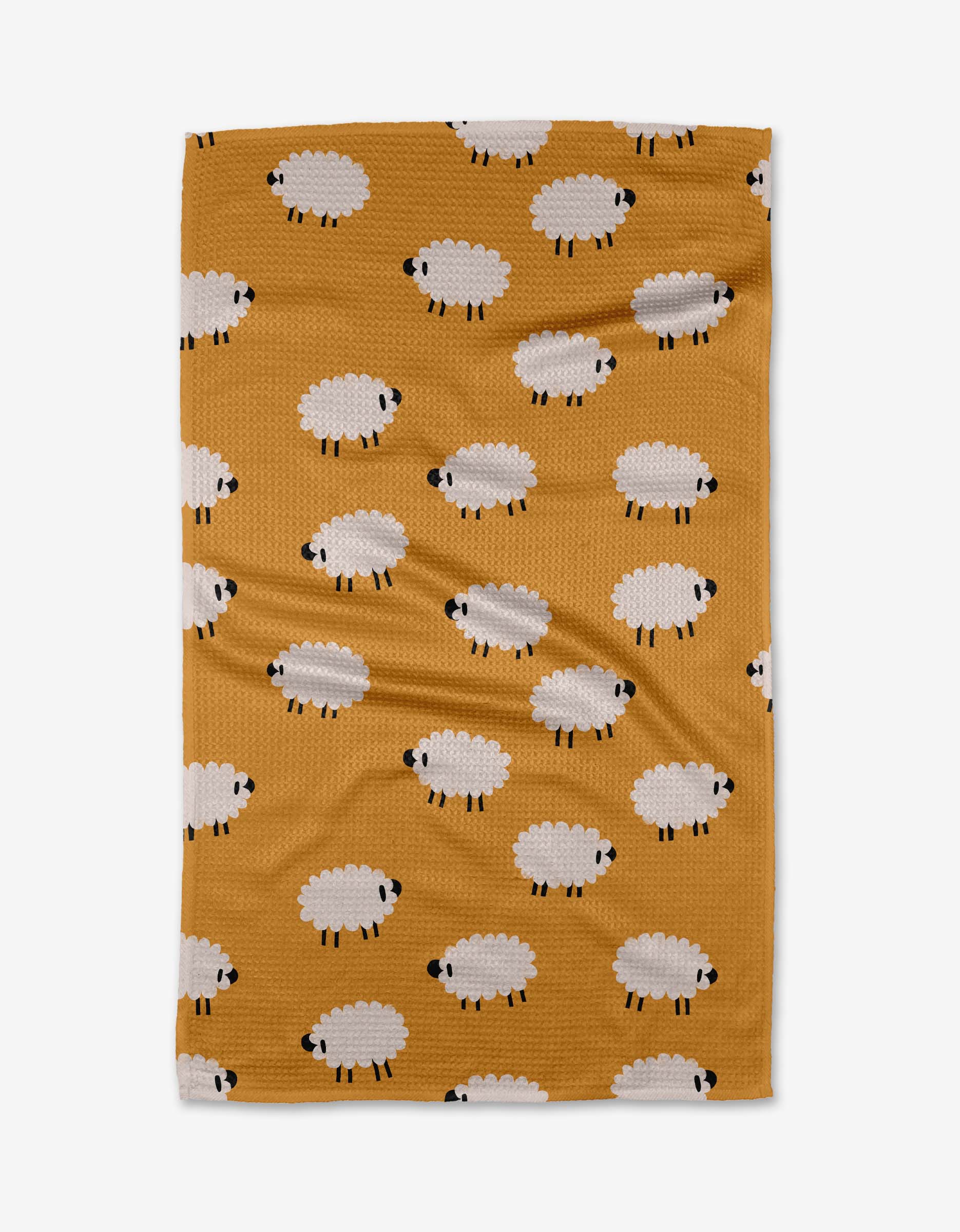 Geometry Tea Towel with sheep pattern on a mustard yellow background