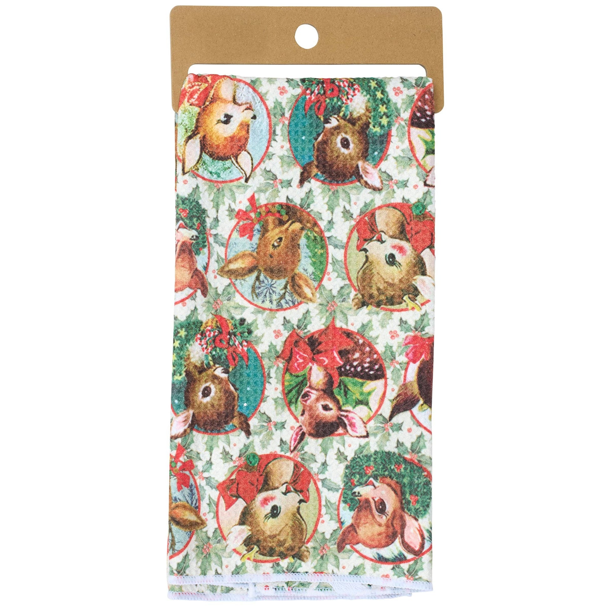 Packaged product with a festive design featuring deer and holly leaves.