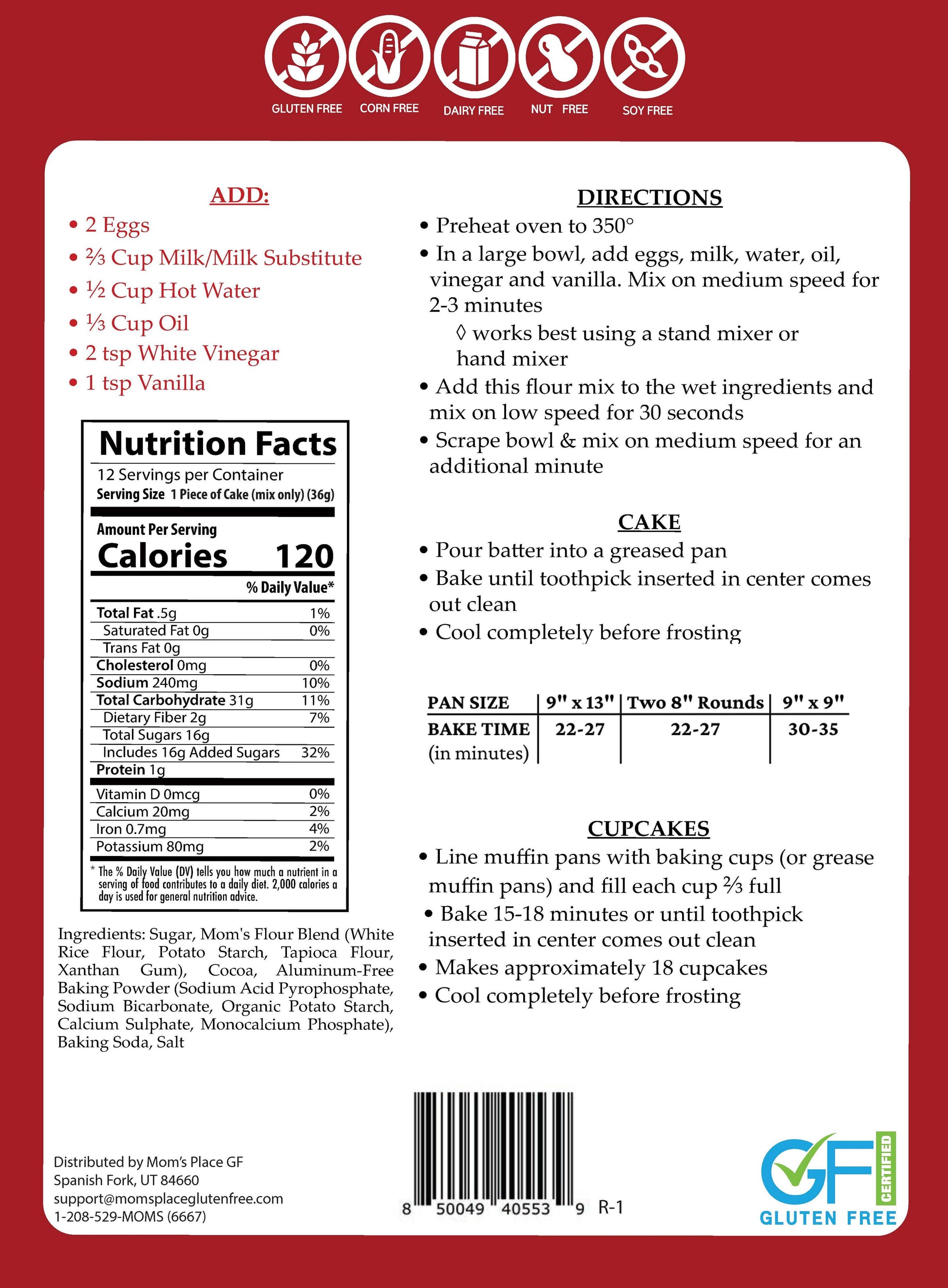 Back of a food package with nutritional information, ingredients, and preparation directions.