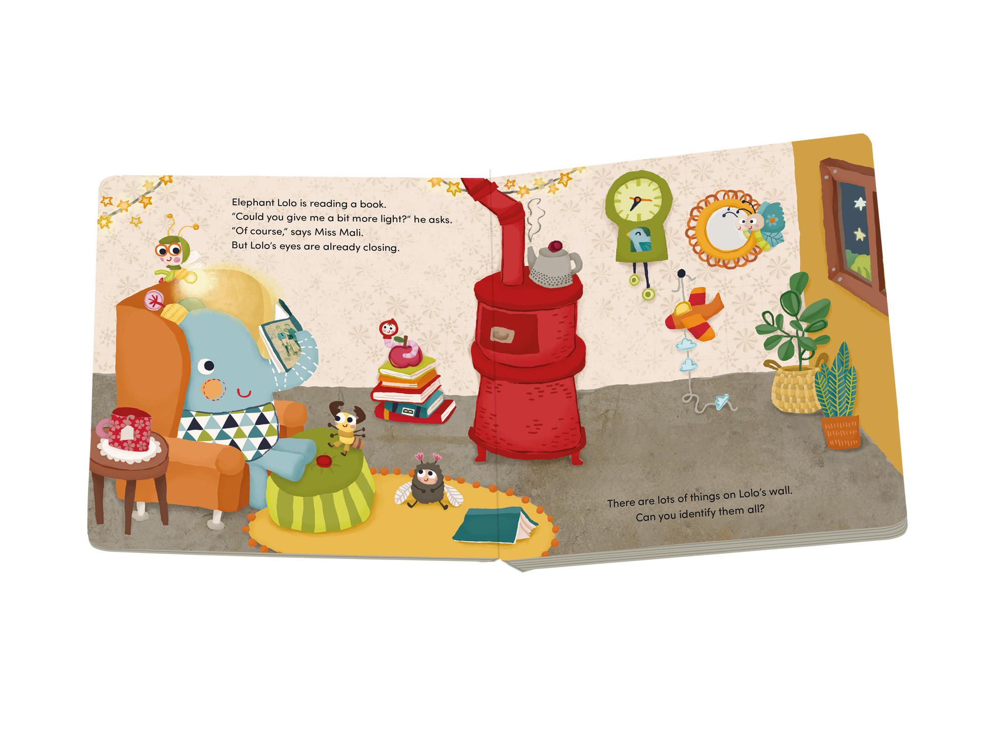 Illustrated children's book page with a colorful room scene featuring a red stove and various objects.