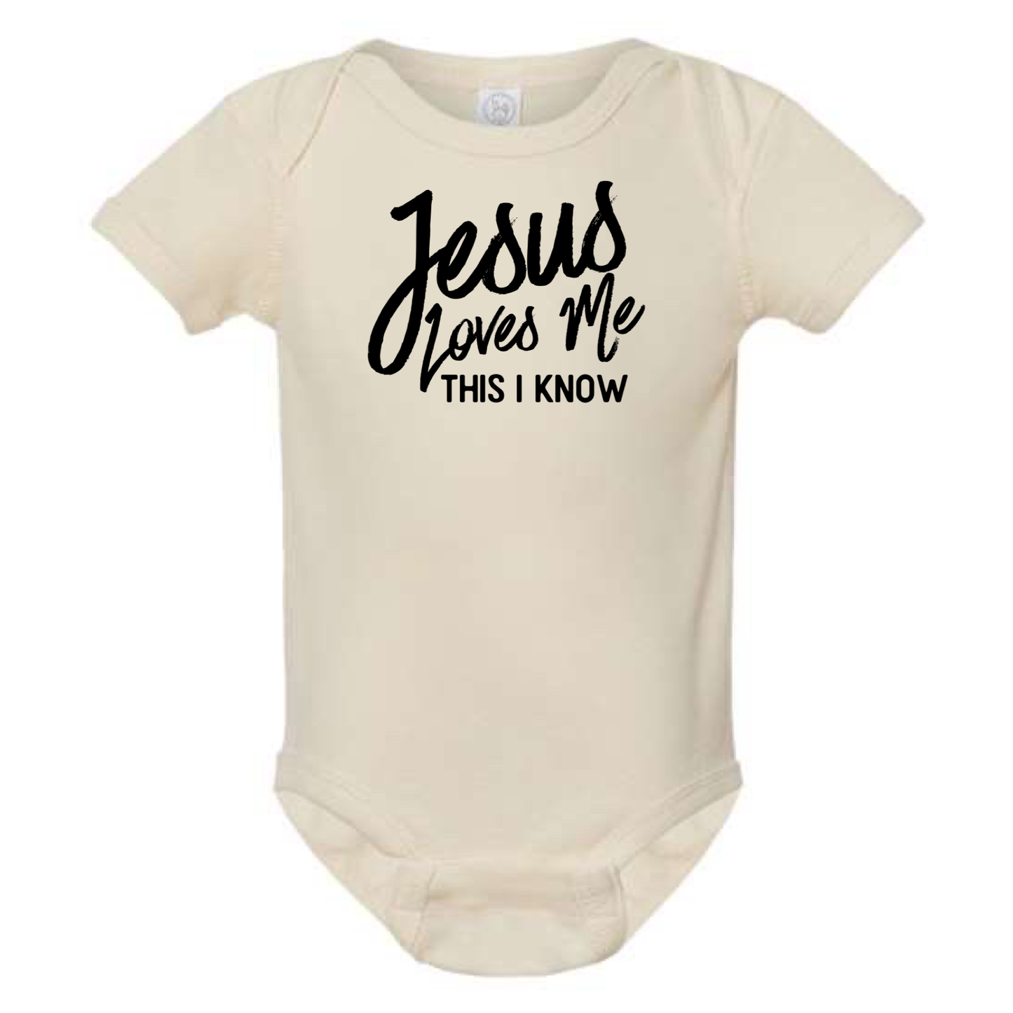 Beige baby onesie with 'Jesus loves me, this I know' text on a white background