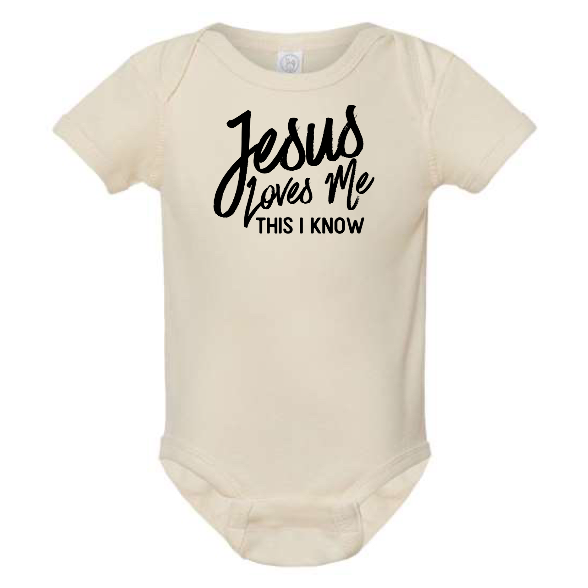 Beige baby onesie with 'Jesus loves me, this I know' text on a white background