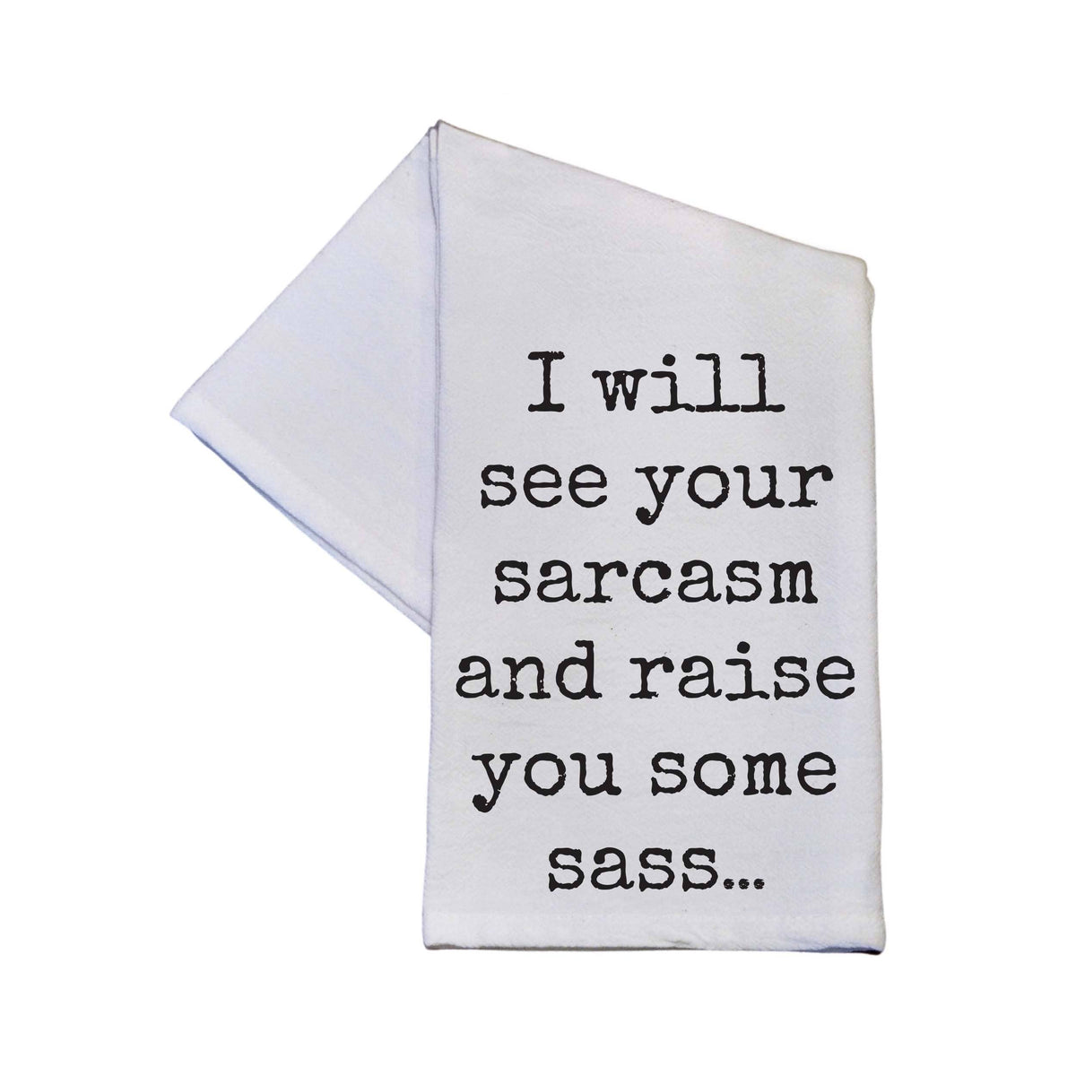 White towel with black text on a white background