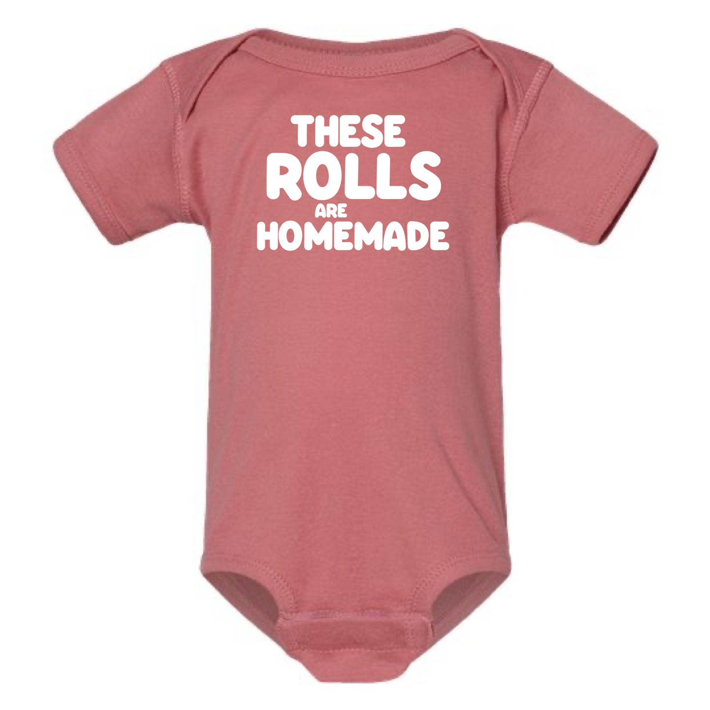 Pink baby onesie with white text on a white background