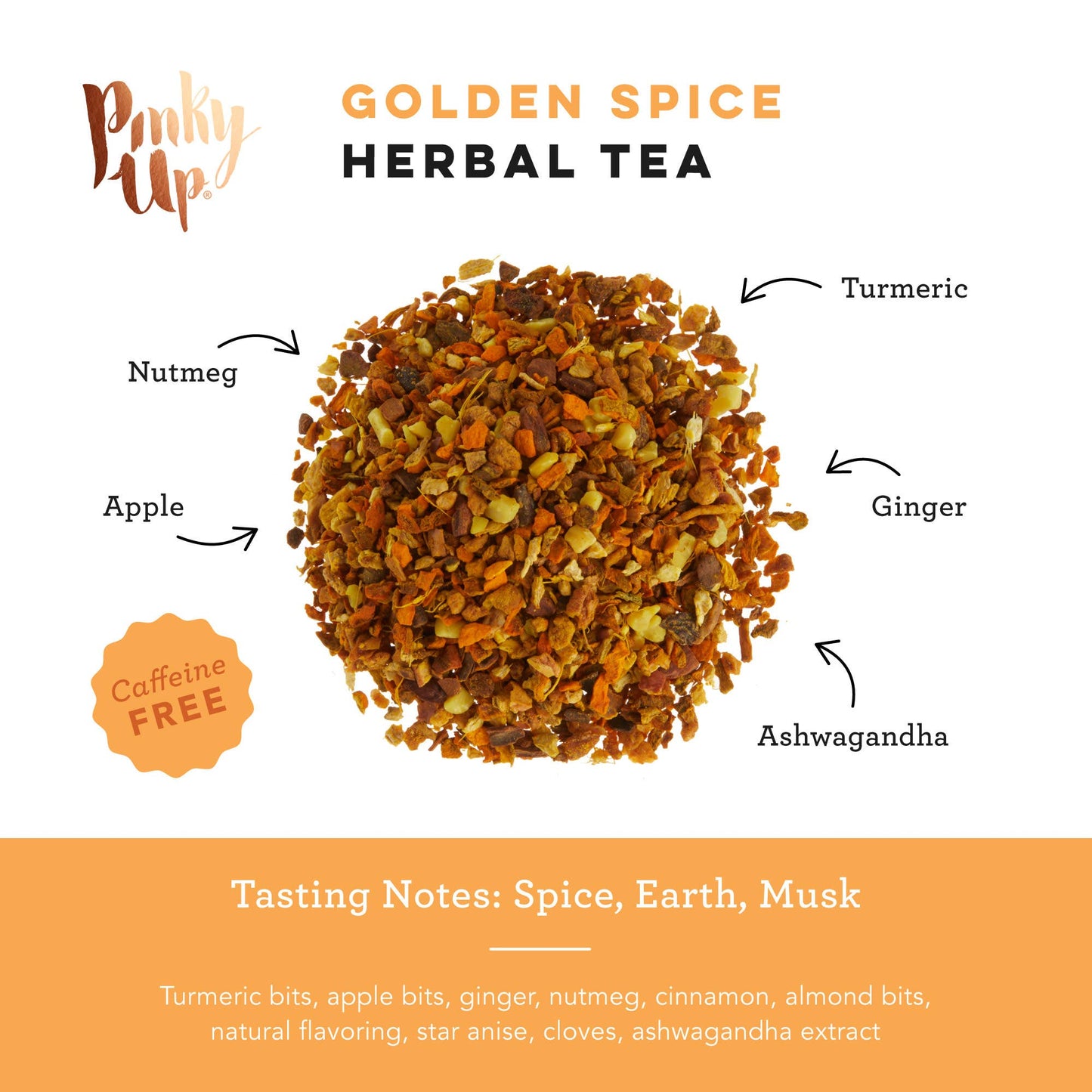 Golden Spice Herbal Tea with ingredients labeled and 'Pinky Up' branding.