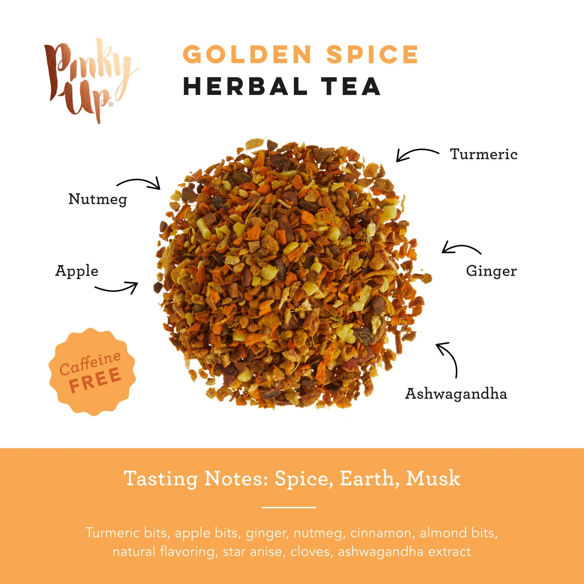Golden Spice Herbal Tea with ingredients labeled and 'Pinky Up' branding.