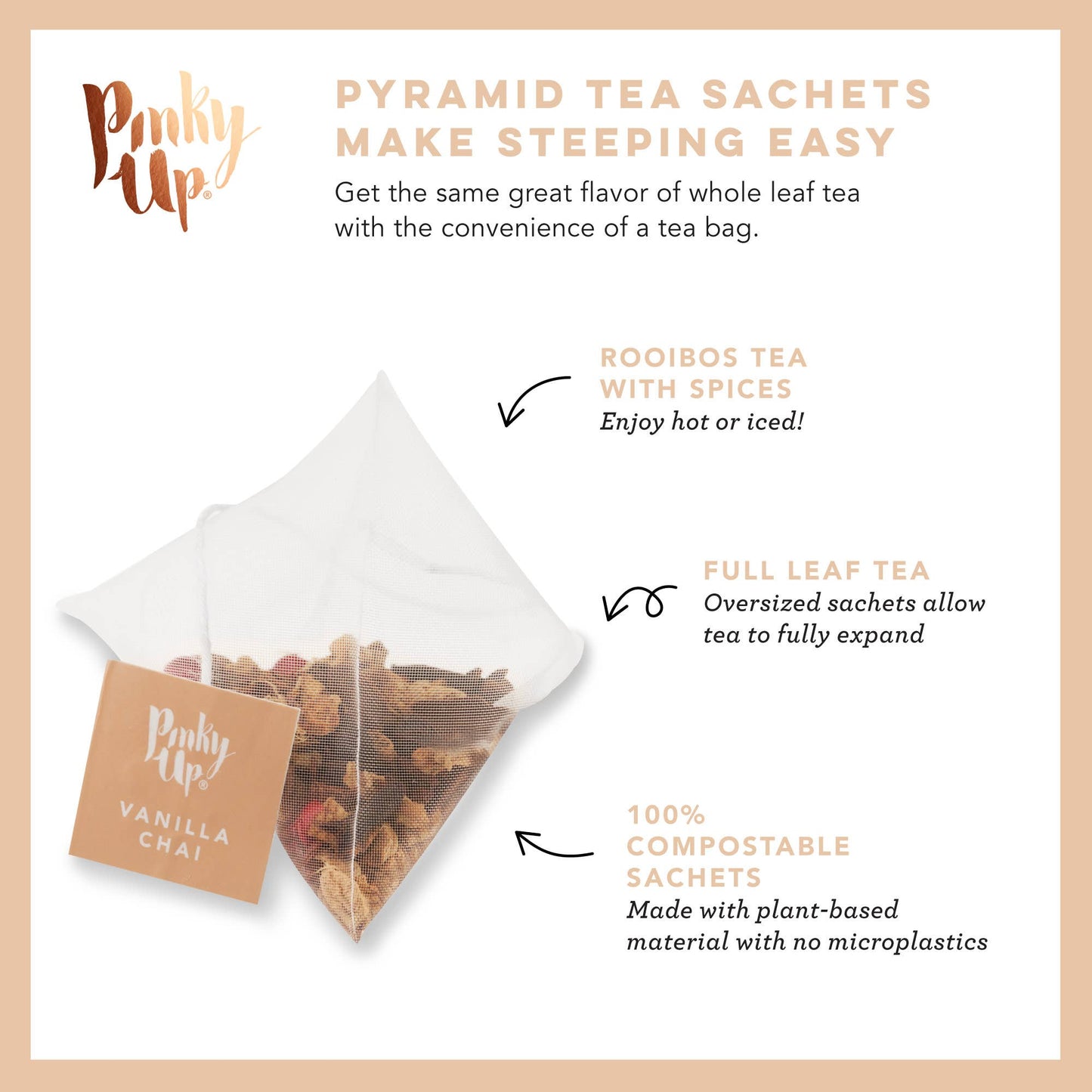 Pyramid tea sachet with text explaining its benefits on a light background