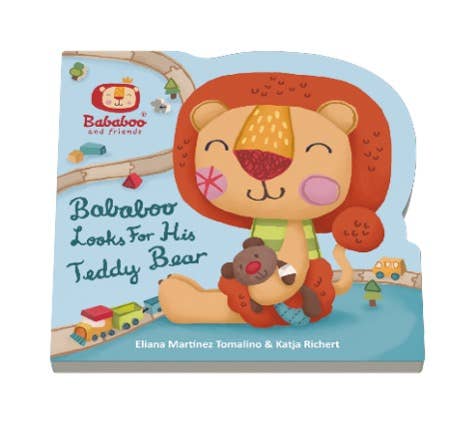 Children's book titled 'Babaluoo Looks For His Teddy Bear' with a lion character on the cover.