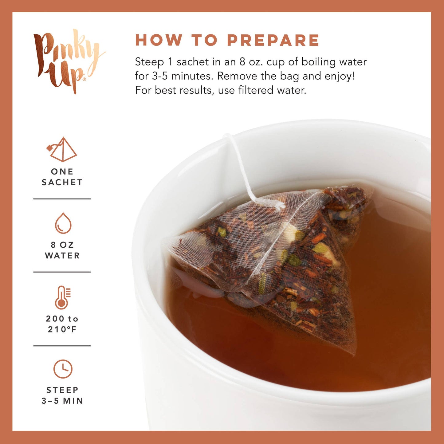 Tea bag steeping in a cup with preparation instructions on a white background