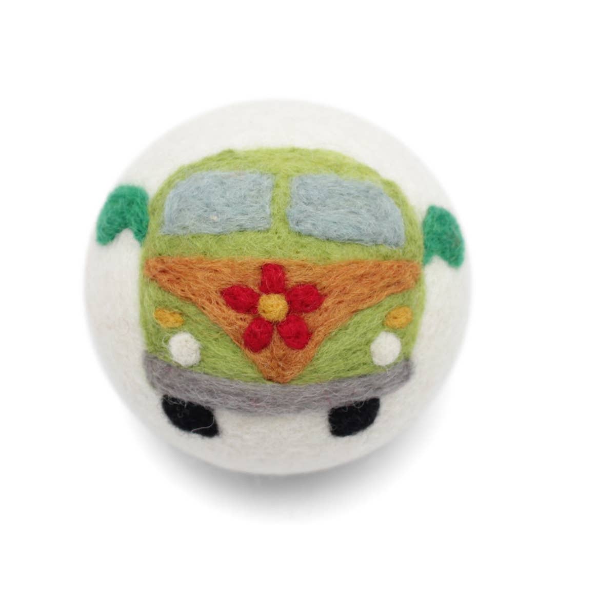 Felted wool dryer ball with a colorful camper van design on a white background