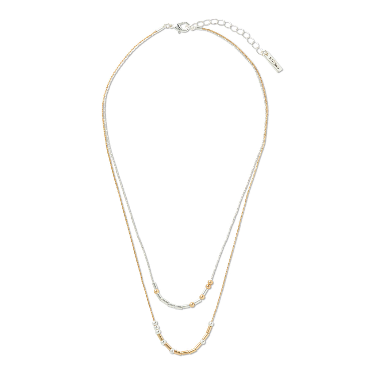 A double-strand necklace featuring one silver-tone chain and one gold-tone chain, with small bead accents and a silver clasp, displayed on a clean white background and beads say You're Strong in Morse Code.