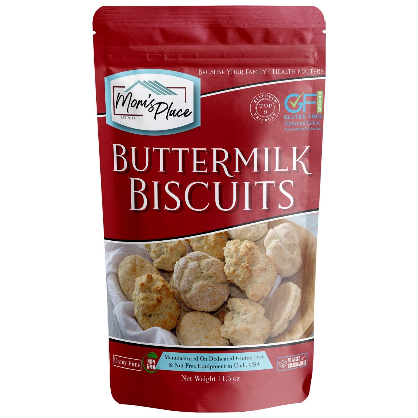 Packaging of Mom's Place Buttermilk Biscuits on a white background