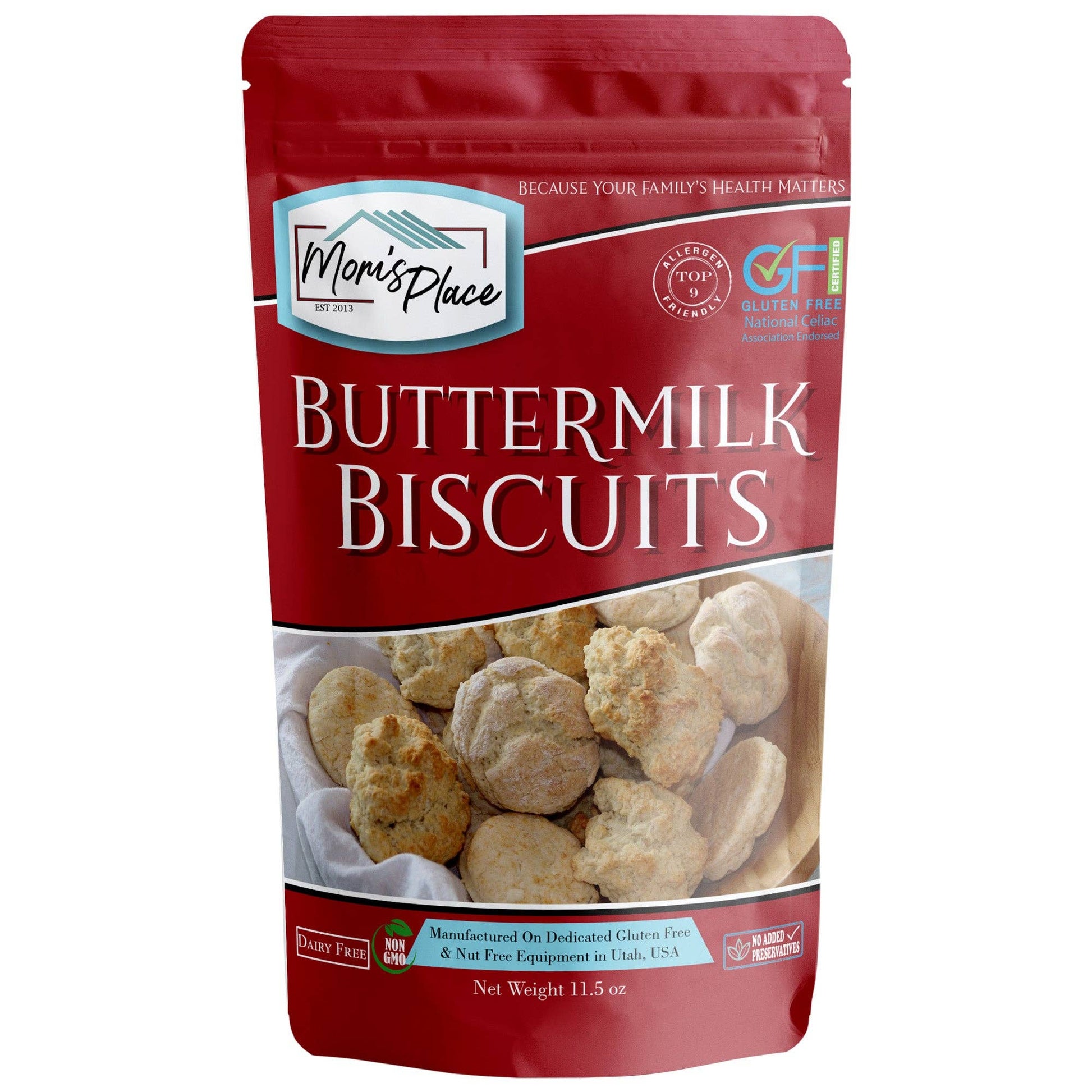 Packaging of Mom's Place Buttermilk Biscuits on a white background