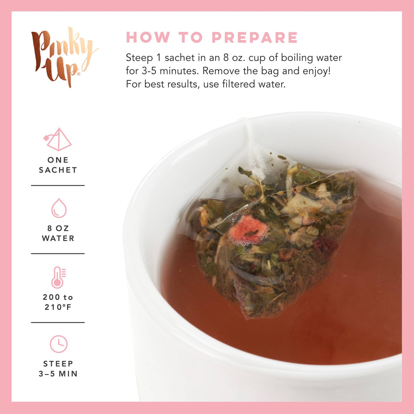 Tea bag steeping in a cup with preparation instructions on a pink background