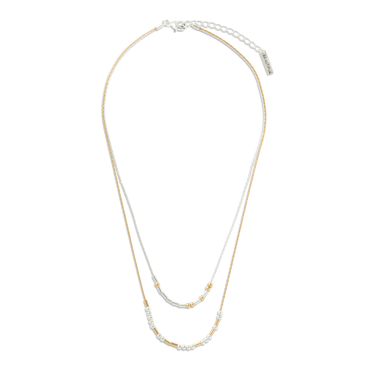 A double-strand necklace featuring one chain in polished gold and one in white gold or platinum, accented with small beads and a central cluster of clear stones, shown on a plain white background stating You're Beautiful in Morse Code.
