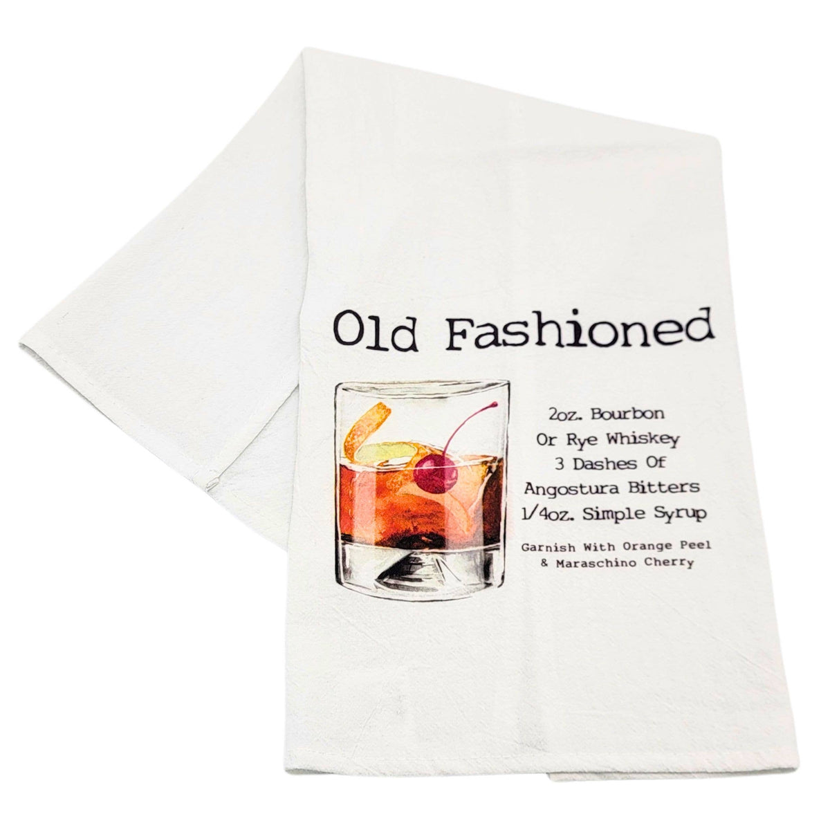 White towel with Old Fashioned cocktail recipe printed on it