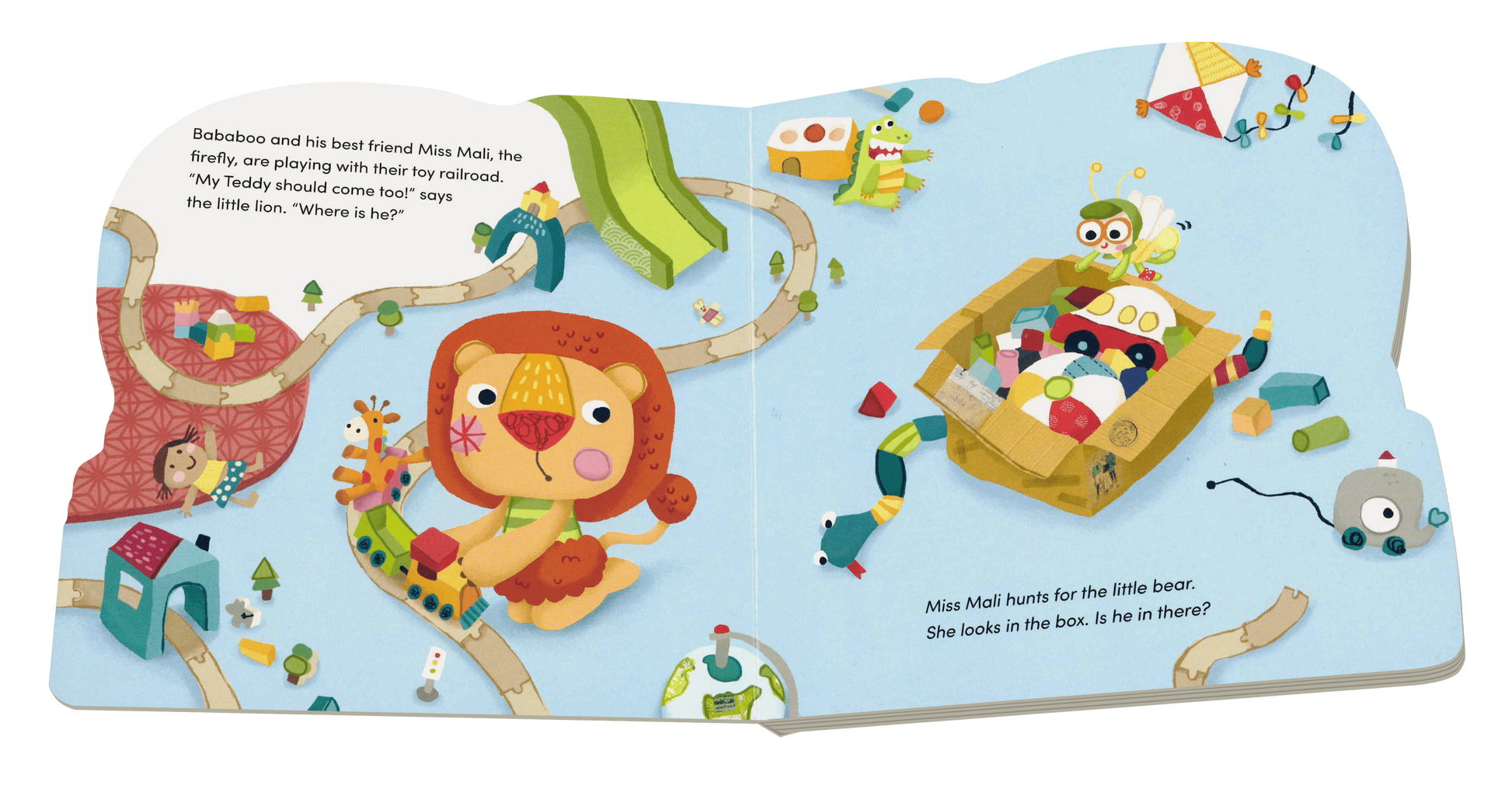 Children's book page with a lion character and colorful illustrations on a blue background