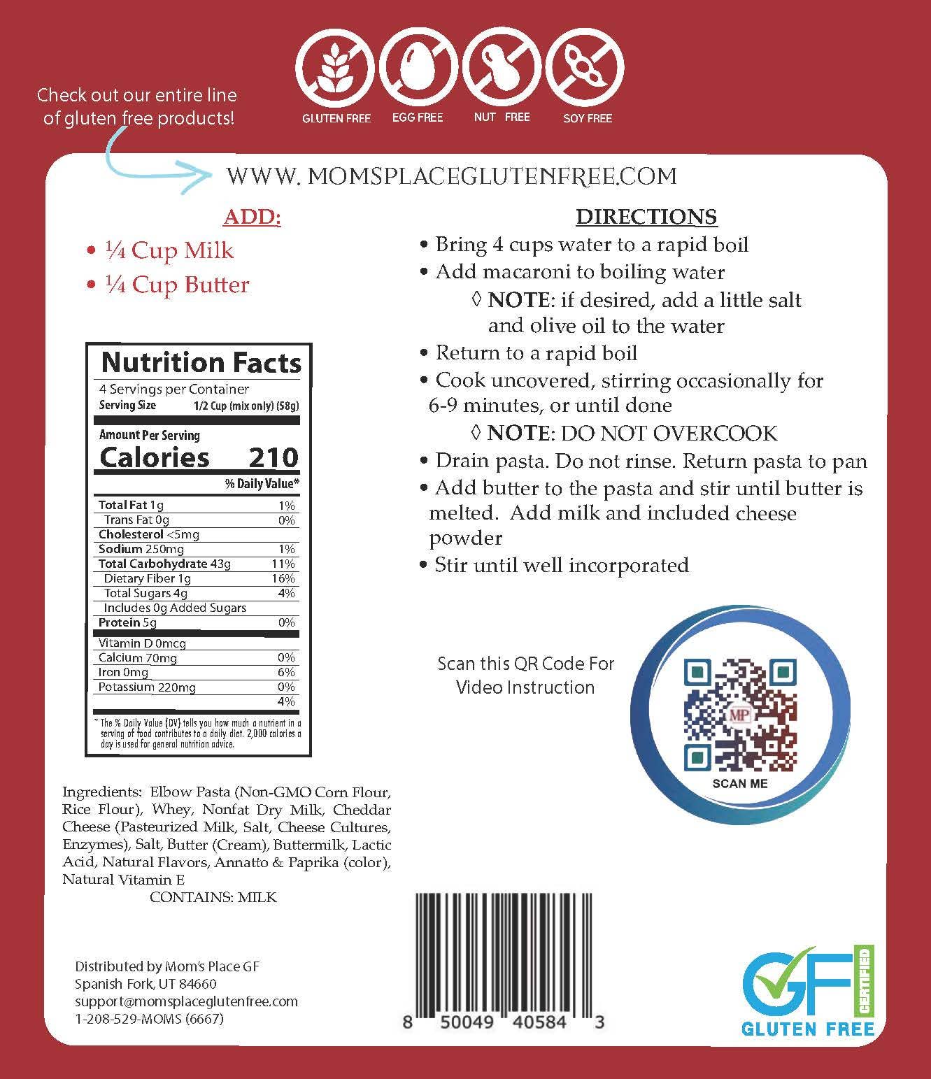 Back of a gluten-free pasta package with nutritional information, ingredients, and QR code for video instructions.